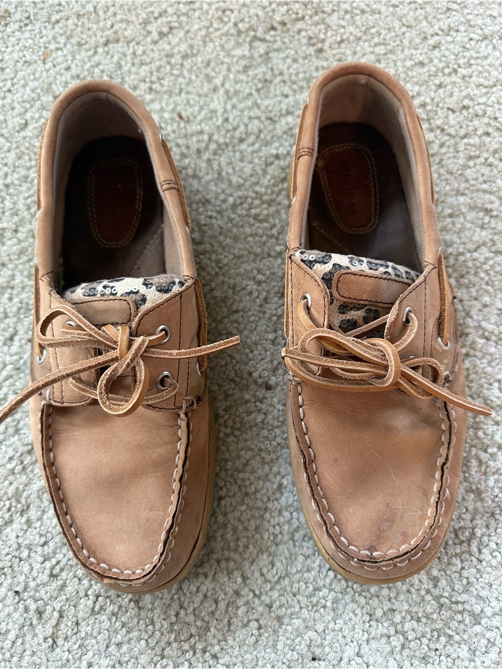Sperry Women's Tan Leather Moccasin Boat Shoes with Leopard-Print Lining